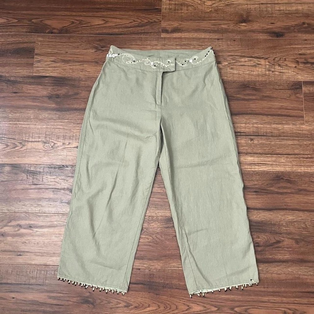 Vintage Green Linen Blend Capri Pants Beaded Women S Resort Coastal Grandma Boho
